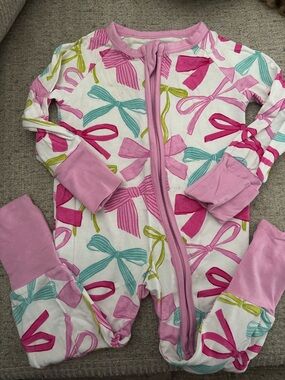 Little Sleepies Pink Bow-Print Footed Pajamas with Aqua & Lime Bows